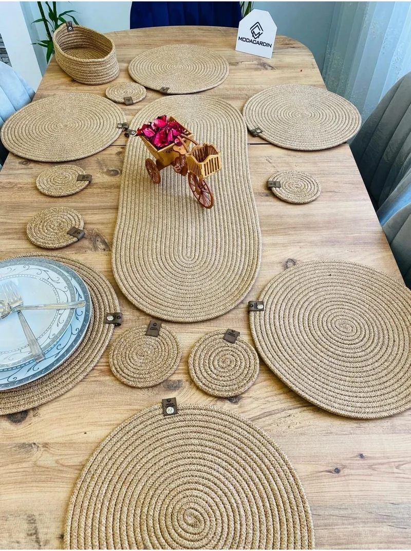 BDZ Deri BDZ Leather Jute Wicker American Service Supla Runner Basket and Cup Holder 14 Pieces