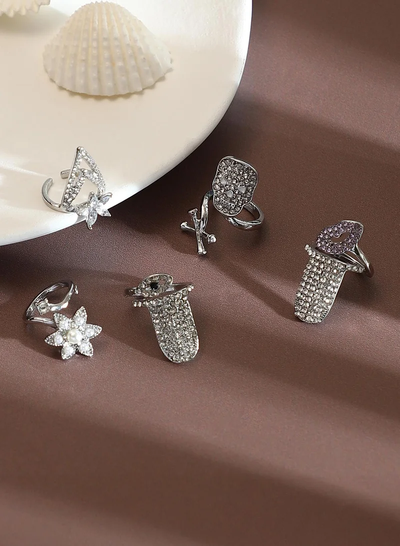 Women The Bling-Bloom Nail Ring Set | Metallic  Colour | Set Of 5 | One-Size | Artificial Stone Alloy Material | Adjustable Closure | Ring For Casual & Evening Wear