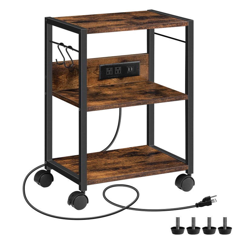 MAHANCRIS Industrial Printer Cart, 3-Tier Mobile Printer Stand, Rolling Cart with Power Outlets and USB Ports, Home Printer Stand with 2 Hooks, for Office, Living Room, Rustic Brown PTHR40E01Z - Image 1