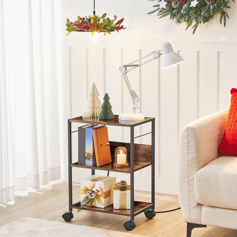 MAHANCRIS Industrial Printer Cart, 3-Tier Mobile Printer Stand, Rolling Cart with Power Outlets and USB Ports, Home Printer Stand with 2 Hooks, for Office, Living Room, Rustic Brown PTHR40E01Z - Image 4