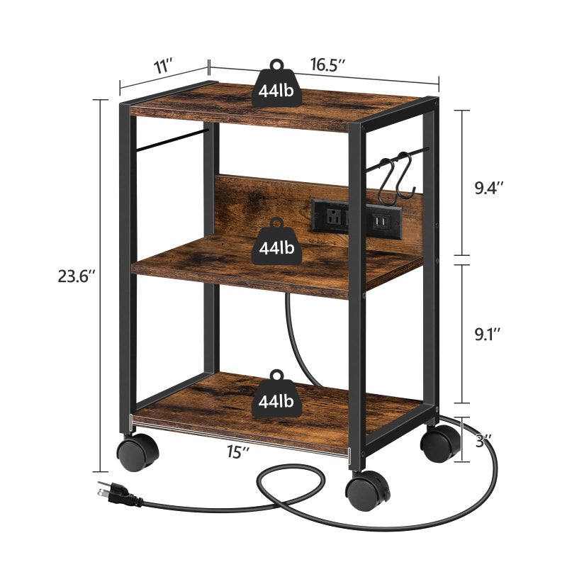 MAHANCRIS Industrial Printer Cart, 3-Tier Mobile Printer Stand, Rolling Cart with Power Outlets and USB Ports, Home Printer Stand with 2 Hooks, for Office, Living Room, Rustic Brown PTHR40E01Z - Image 3