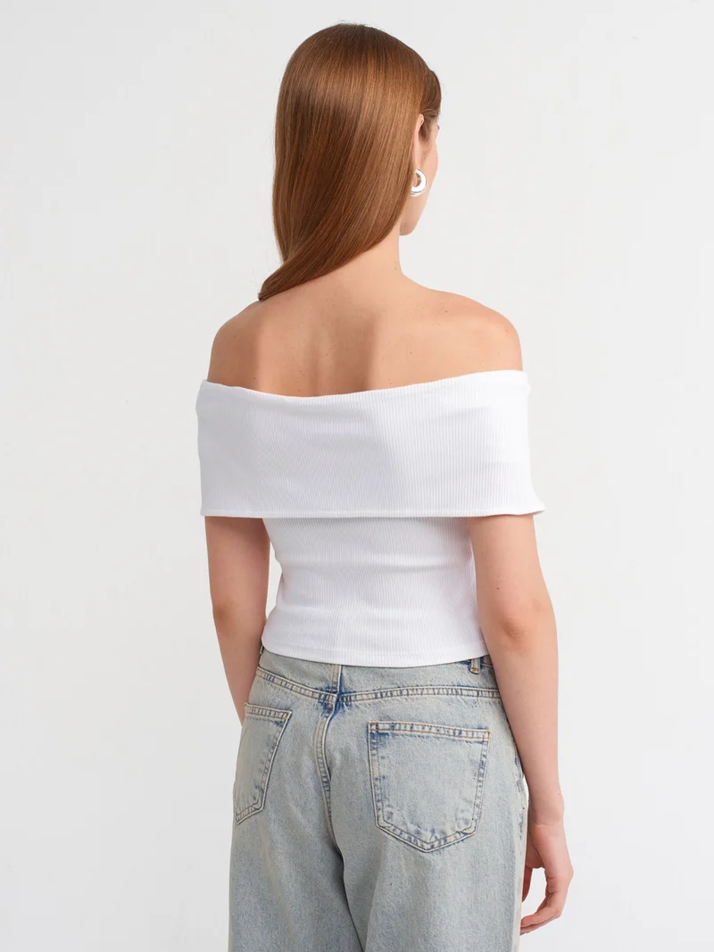 ديلفين 30748 Off Shoulder Zipper Detailed Top-White