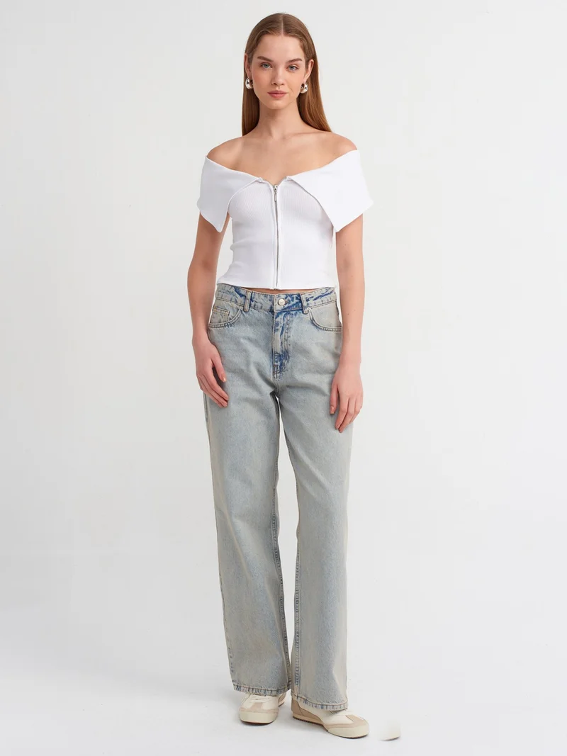 ديلفين 30748 Off Shoulder Zipper Detailed Top-White