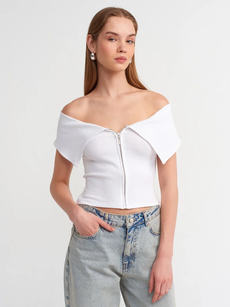ديلفين 30748 Off Shoulder Zipper Detailed Top-White