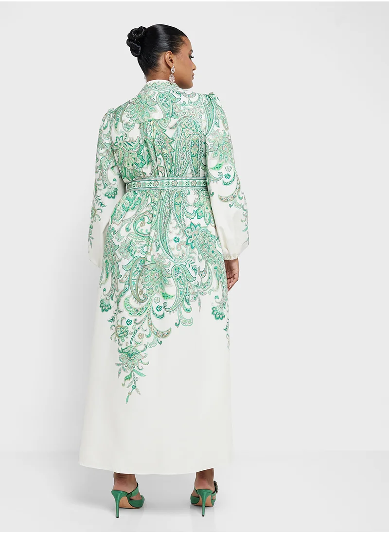 Khizana Plus size long printed dress with bow tie detail