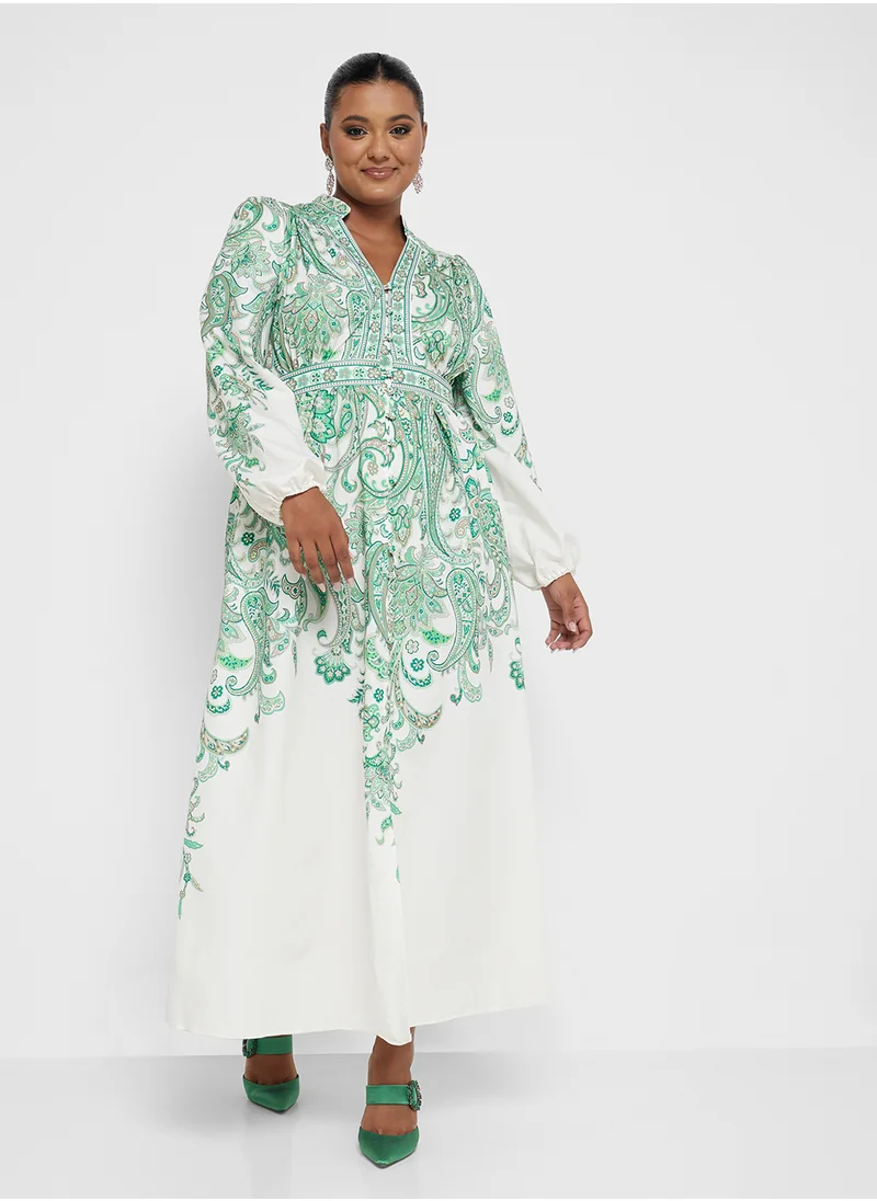 Khizana Plus size long printed dress with bow tie detail