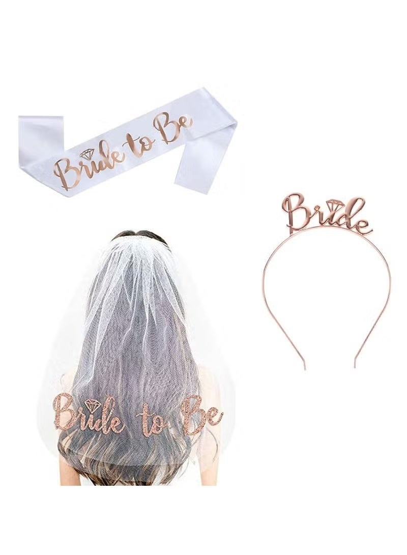 طقم مستلزمات العروس Bride to Be - طرحة عروس + وشاح ساتان + طوق رأس وردي ذهبي - 3 قطع لحفلات توديع العزوبية والخطوبة وتصوير العروس - Image 1