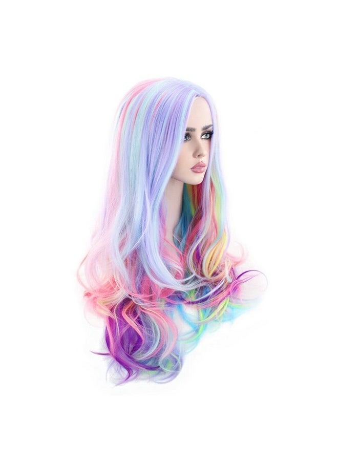 MAGQOO Rainbow Wig For Women Multi Color Wig Long Curly Wavy Colorful Wig Side Part Cosplay Costume Party Wig  - Image 4