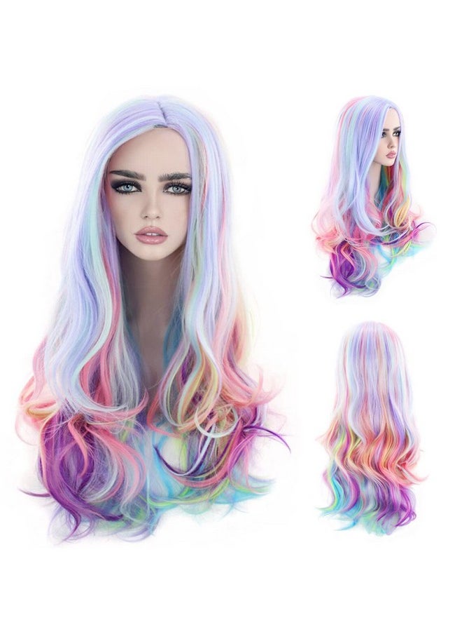 MAGQOO Rainbow Wig For Women Multi Color Wig Long Curly Wavy Colorful Wig Side Part Cosplay Costume Party Wig  - Image 2