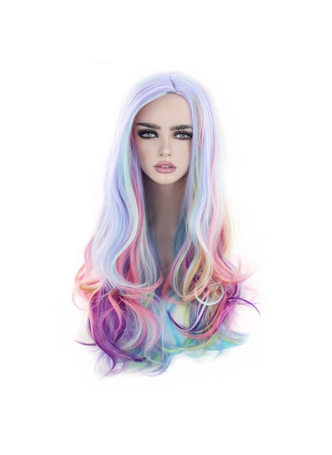 MAGQOO Rainbow Wig For Women Multi Color Wig Long Curly Wavy Colorful Wig Side Part Cosplay Costume Party Wig  - Image 3
