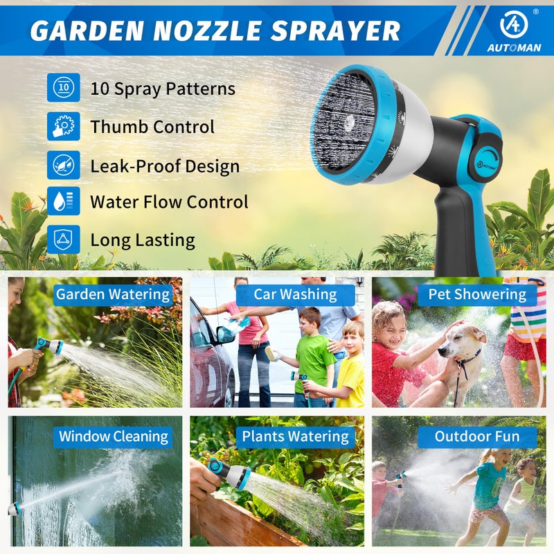 AUTOMAN Garden Hose Nozzle - 10 Adjustable Spray Patterns, Thumb Flow Control Hose Sprayer, Water Hose Spray Nozzle for Plants Watering, Car Washing, Window Cleaning, Pets Bathing, Outdoor Fun, Blue - Image 5