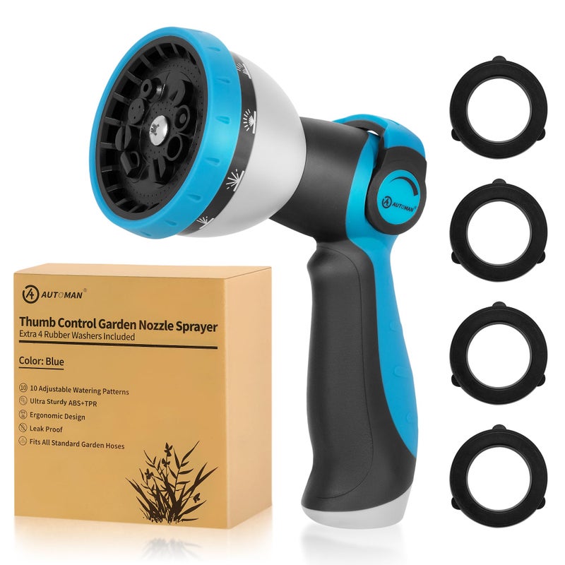 AUTOMAN Garden Hose Nozzle - 10 Adjustable Spray Patterns, Thumb Flow Control Hose Sprayer, Water Hose Spray Nozzle for Plants Watering, Car Washing, Window Cleaning, Pets Bathing, Outdoor Fun, Blue - Image 1