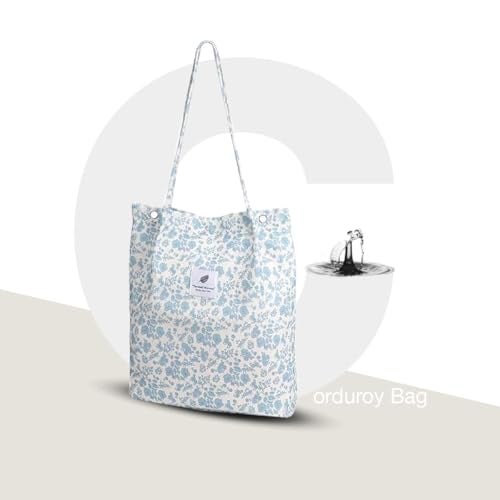 Lyrovo Women Corduroy Shoulder Tote Bag for Work Beach Travel and Shopping Grocery (Blue Flower) - Image 2