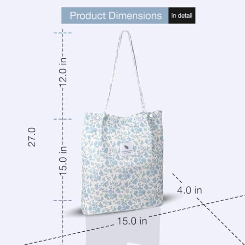 Lyrovo Women Corduroy Shoulder Tote Bag for Work Beach Travel and Shopping Grocery (Blue Flower) - Image 4