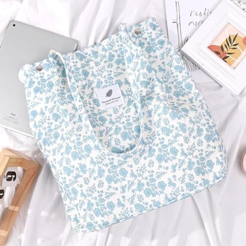 Lyrovo Women Corduroy Shoulder Tote Bag for Work Beach Travel and Shopping Grocery (Blue Flower) - Image 5