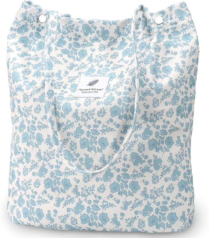 Lyrovo Women Corduroy Shoulder Tote Bag for Work Beach Travel and Shopping Grocery (Blue Flower) - Image 1