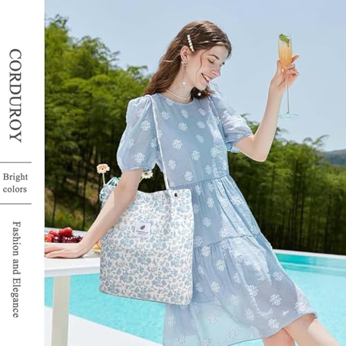 Lyrovo Women Corduroy Shoulder Tote Bag for Work Beach Travel and Shopping Grocery (Blue Flower) - Image 3