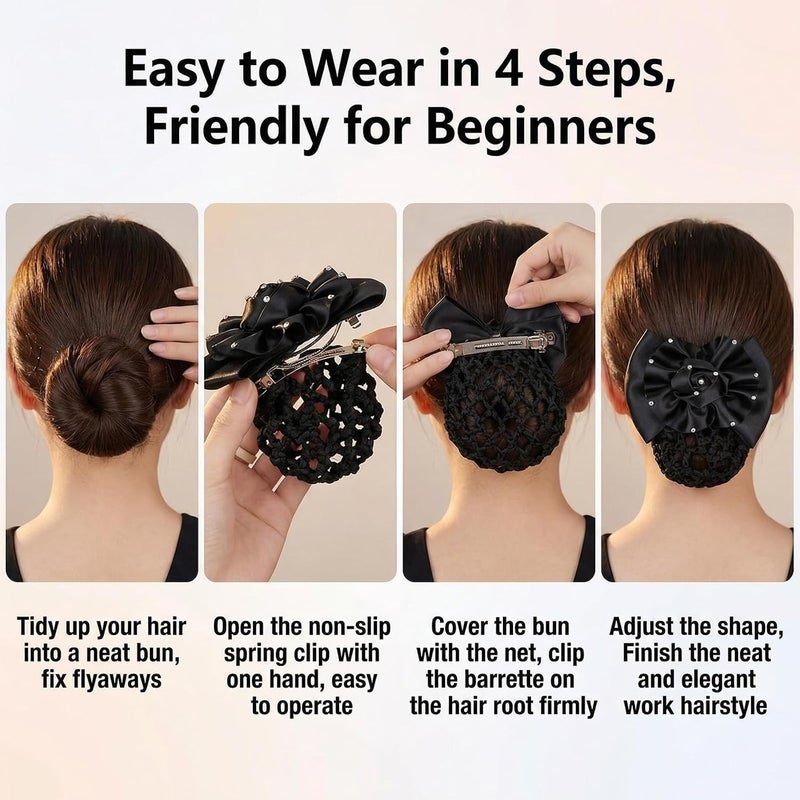 SYBL Women's Rhinestone Satin Bow Hair Accessory - Barrette, Bowknot Snood, and Net Hair Clip for Hotel, Airline, and Medical Professionals (Black) - Image 5