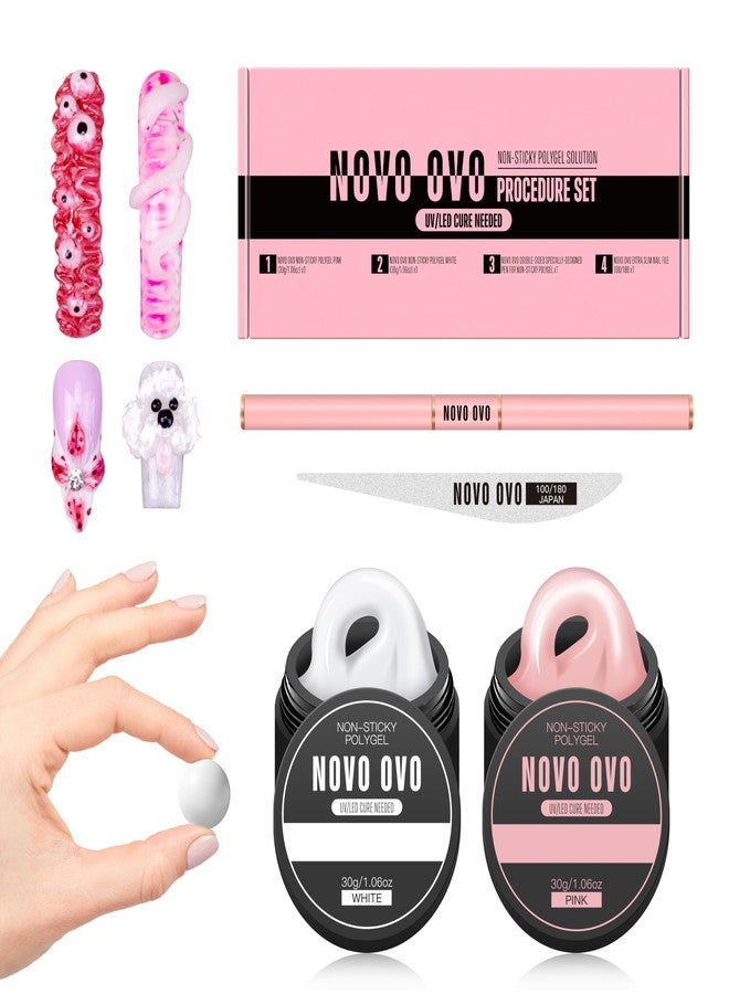 NOVO OVO Upgraded NON-STICKY Polygel Solution Procedure Set, White and Pink non-sticky Poly Gel, Dual-Ended Nail Pen, Extra Slim Nail File, Easy to Use Together with Toe or Hand Nail Dual Forms - Image 1