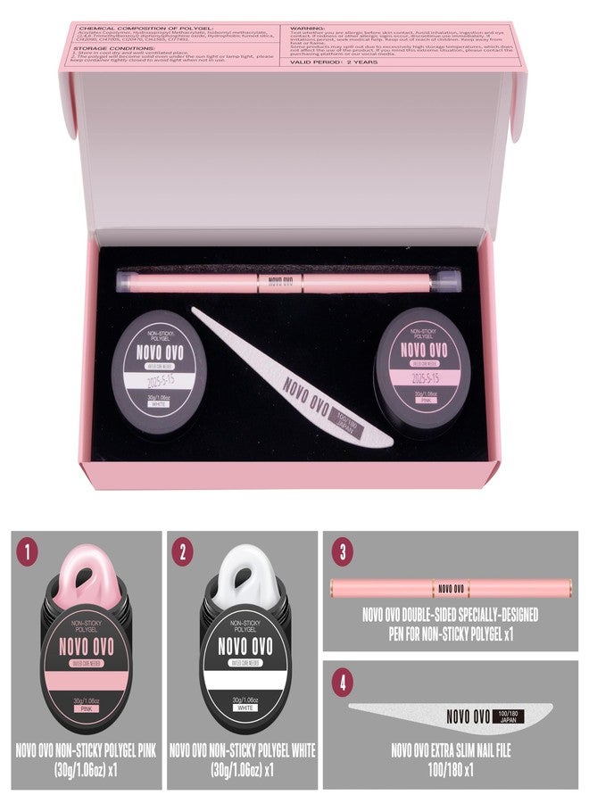 NOVO OVO Upgraded NON-STICKY Polygel Solution Procedure Set, White and Pink non-sticky Poly Gel, Dual-Ended Nail Pen, Extra Slim Nail File, Easy to Use Together with Toe or Hand Nail Dual Forms - Image 2