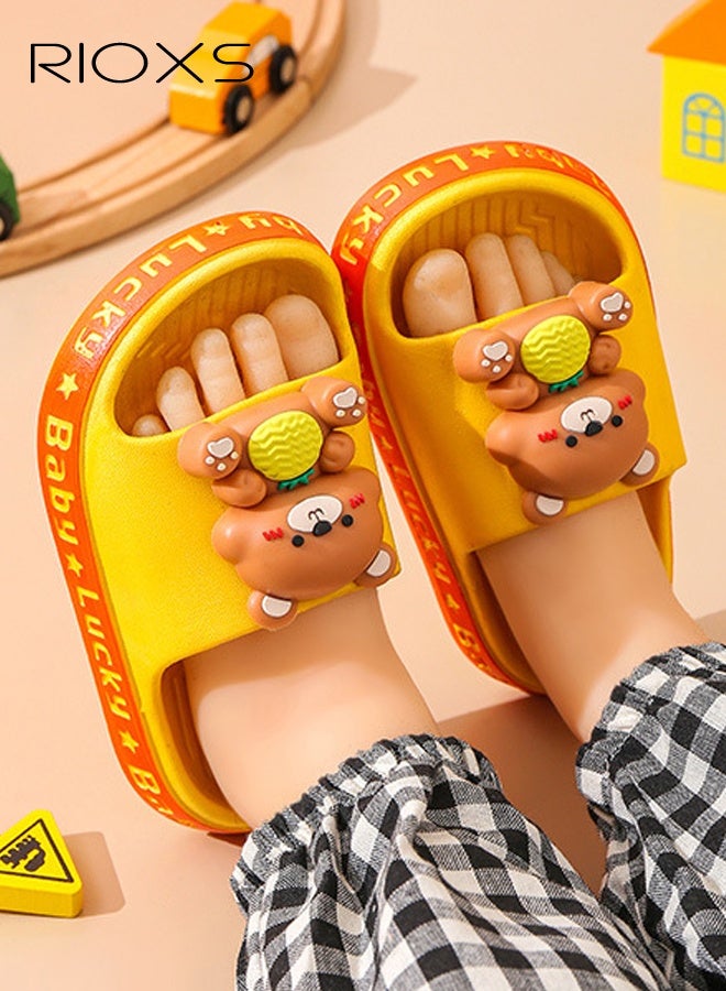 RIOXS Flat Slippers for Kids, Toddler Boys Girls Cute Cartoon Slipper, Non-Slip Shower Slippers, Comfy Soft Sole Slip-on Slippers, Quick Dry Bath Slides, Kids Unisex Slippers for Bathroom Summer Pool, Indoor Outdoor Beach Open-toes Shoes, Yellow Bear Slippers - Image 1