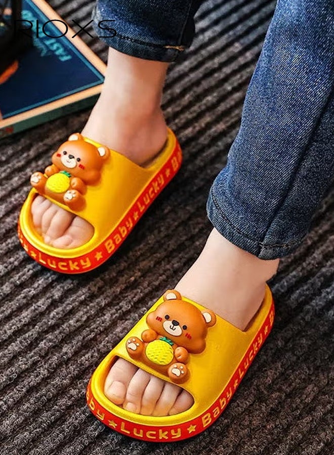 RIOXS Flat Slippers for Kids, Toddler Boys Girls Cute Cartoon Slipper, Non-Slip Shower Slippers, Comfy Soft Sole Slip-on Slippers, Quick Dry Bath Slides, Kids Unisex Slippers for Bathroom Summer Pool, Indoor Outdoor Beach Open-toes Shoes, Yellow Bear Slippers - Image 2