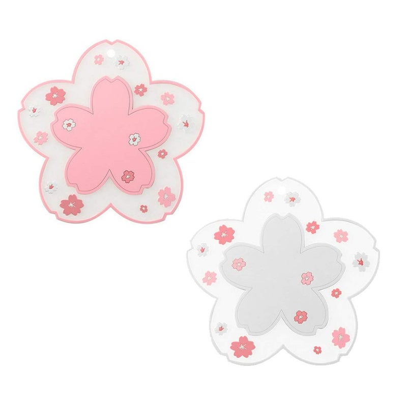 Sakura Coffee Cup Mat Kawaii Coaster 2PCS Cute Cherry Blossom PVC Home Tea Mug Pink Flower Pattern AntiSkid Pot Bowl Pad Placemat for Desk Drink Table Decor Kawaii AccessoriesLarge