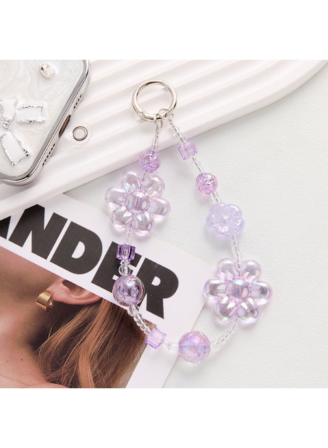 NIBEMINENT Beaded Phone Lanyard, Anti Lost Removable Wrist Strap, Flower Crystal Bracelet Pendant, Phone Keychain Lanyard,Light Purple - Image 1