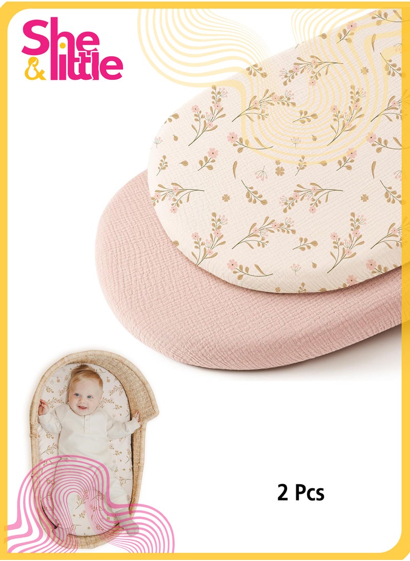 She&Little 2 Pack Muslin Bassinet Sheets, 100% Cotton Cradle Sheets for Baby Girl or Boy, Soft Breathable Mattress Sheets for Oval, Hourglass & Rectangle Bassinet Pads, Floral Design for All Seasons  - Image 1