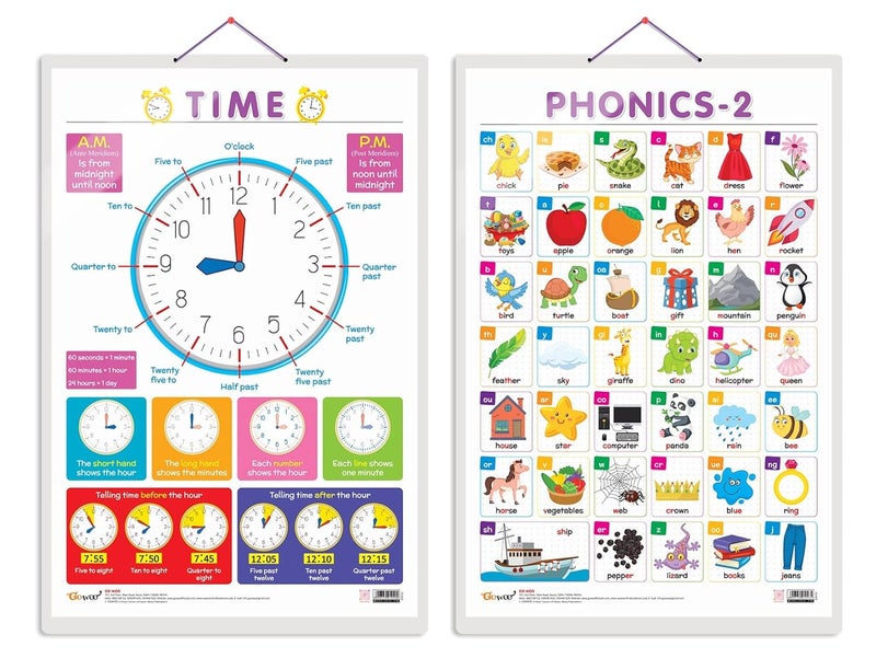 GoWoo Combo of 2 TIME and PHONICS - 2 Educational Posters for Preschool Kids Classroom Study | Learning- Charts for Kids Learning (20"X30" Inches) - Image 1