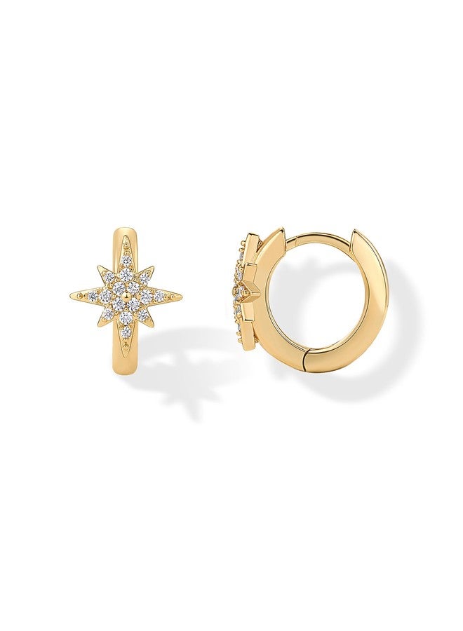 PAVOI 14K Yellow Gold Plated 925 Sterling Silver Posts Small Huggie Hoop Earrings for Women - Trendy Celestial North Star Hoop Earrings - Cubic Zirconia Cute Gold Motif Jewelry - Image 1