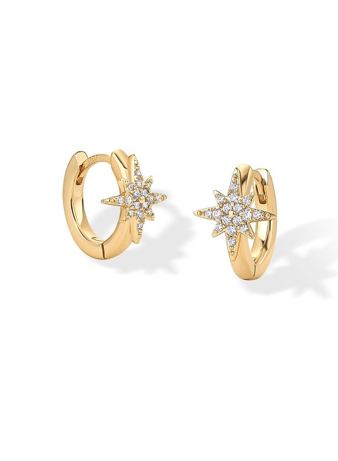 PAVOI 14K Yellow Gold Plated 925 Sterling Silver Posts Small Huggie Hoop Earrings for Women - Trendy Celestial North Star Hoop Earrings - Cubic Zirconia Cute Gold Motif Jewelry - Image 3