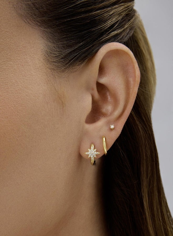 PAVOI 14K Yellow Gold Plated 925 Sterling Silver Posts Small Huggie Hoop Earrings for Women - Trendy Celestial North Star Hoop Earrings - Cubic Zirconia Cute Gold Motif Jewelry - Image 2