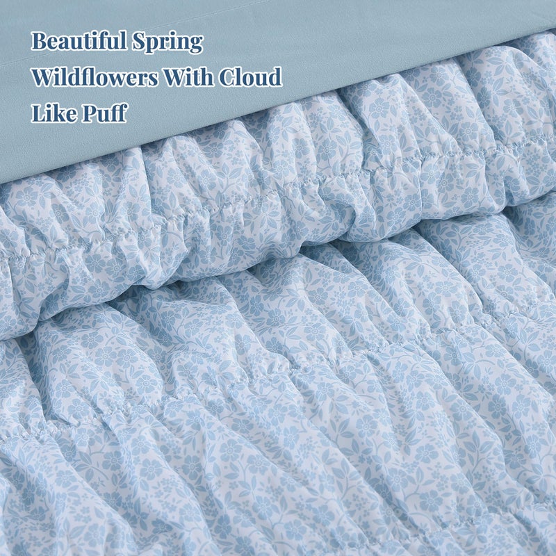 BLOOMHAVEN Queen Comforter Set - 7 Pieces Blue Classic Puff Floral Bedding Sets for All Seasons, Shabby Chic Farmhouse Bed in a Bag Queen with Wildflowers Fluffy Comforter, Sheets, Pillowcases & Shams - Image 2