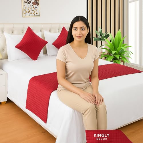KINGLY 3 Piece Velvet Bed Runner Set Maroon Red Hotel Style Bedding Decor for King Size Bed Quilted Runner 16x96 inch + 2 Cushion Covers 16x16 inch - Image 2