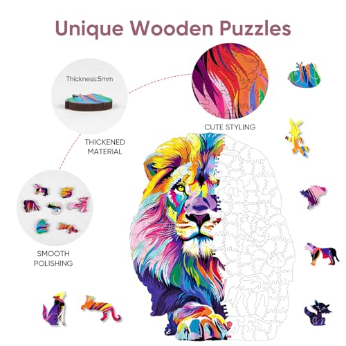 Mys Aurora Wooden Puzzles for Adults Lion Jigsaw Puzzles 200 Pieces Unique Shaped Puzzle for Adults and Kids Ghristmas Gift Family Game 108 x 112 Inch - Image 5