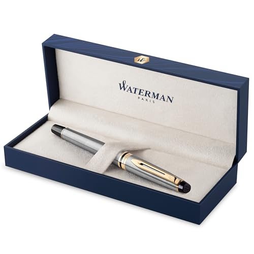 Waterman Expert Fountain Pen, Stainless Steel with 23k Gold Trim, Fine Nib with Blue Ink Cartridge, Gift Box - Image 1