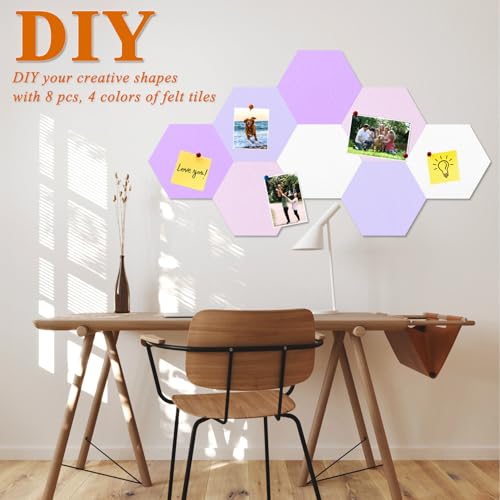 HULAVO 8 Pcs Hexagon Felt Cork Bulletin Board Tiles, Self Adhesive DIY Bulletin Board Pin Board for Office School Home Wall Decor Memos Photos Display(Purple & Pink) - Image 3
