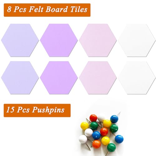 HULAVO 8 Pcs Hexagon Felt Cork Bulletin Board Tiles, Self Adhesive DIY Bulletin Board Pin Board for Office School Home Wall Decor Memos Photos Display(Purple & Pink) - Image 4