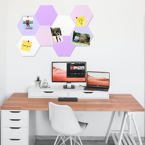 HULAVO 8 Pcs Hexagon Felt Cork Bulletin Board Tiles, Self Adhesive DIY Bulletin Board Pin Board for Office School Home Wall Decor Memos Photos Display(Purple & Pink) - Image 2