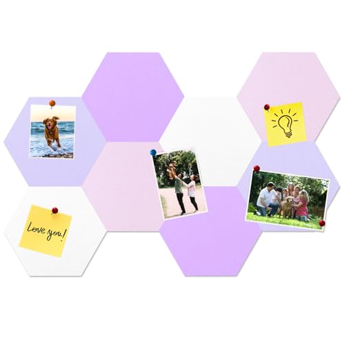 HULAVO 8 Pcs Hexagon Felt Cork Bulletin Board Tiles, Self Adhesive DIY Bulletin Board Pin Board for Office School Home Wall Decor Memos Photos Display(Purple & Pink) - Image 1