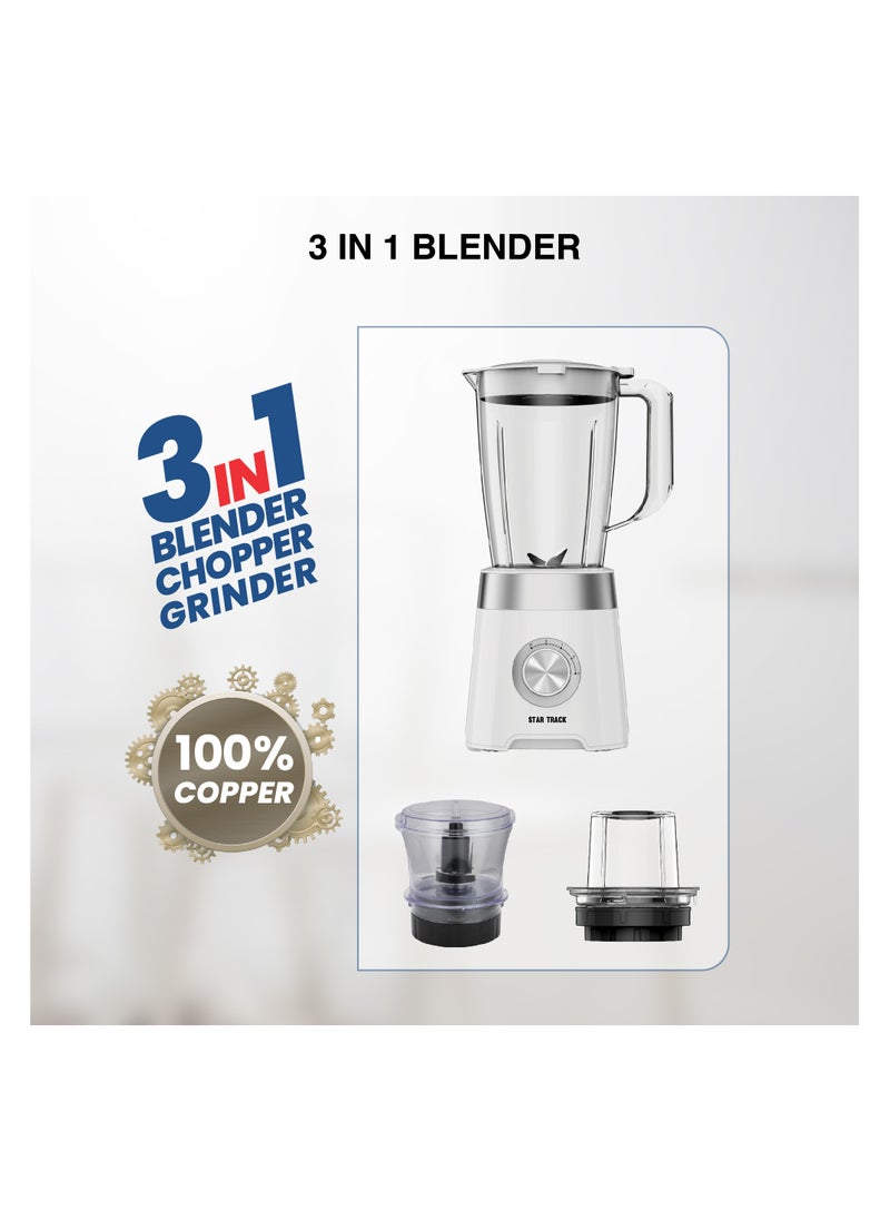 STAR TRACK STAR TRACK 3-in-1 Blender, Chopper & Grinder ST-15WD-B500, 500W, 1.5L Plastic Jug, 2-Speed with Pulse, Anti-Slip, Low Power, Premium, White  - Image 2