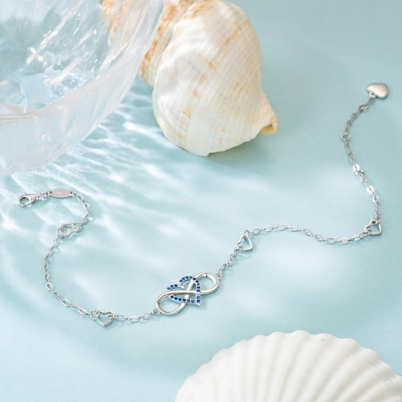 BlingGem Anklets for Women 925 Sterling Silver Ankle Bracelets for Womens Cubic Zirconia Blue Infinity Heart Ankle Bracelet for Womens Birthday Wedding Jewelry Gifts for Women - Image 2