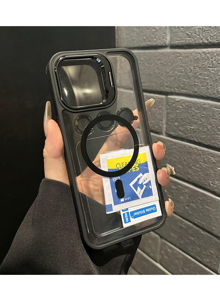 Folding Camera Bracket Matte Magnetic Case for iPhone 16 Pro Max, Wireless Charging with Lens Film Shock-proof Cover, Black - Image 1