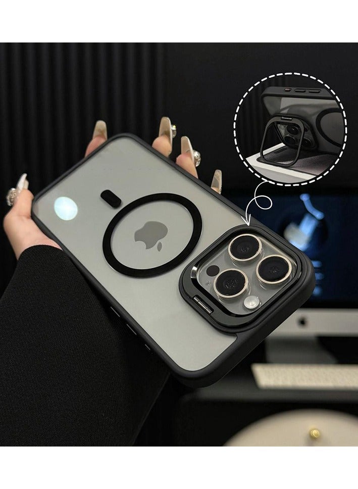 Folding Camera Bracket Matte Magnetic Case for iPhone 16 Pro Max, Wireless Charging with Lens Film Shock-proof Cover, Black - Image 2