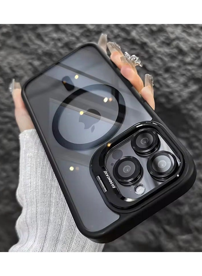 Folding Camera Bracket Matte Magnetic Case for iPhone 16 Pro Max, Wireless Charging with Lens Film Shock-proof Cover, Black - Image 3