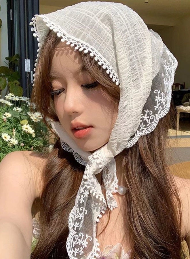Happy D 2-piece lace headband set, women's headscarf, white and black scarf, cute hair accessory headband, summer accessory, Bohemian style floral small square scarf, gift suitable for girls - Image 2