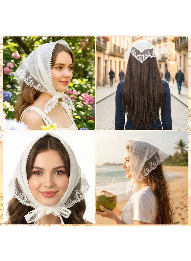 Happy D 2-piece lace headband set, women's headscarf, white and black scarf, cute hair accessory headband, summer accessory, Bohemian style floral small square scarf, gift suitable for girls - Image 4