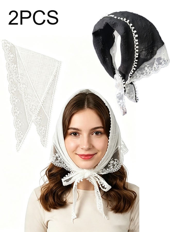 Happy D 2-piece lace headband set, women's headscarf, white and black scarf, cute hair accessory headband, summer accessory, Bohemian style floral small square scarf, gift suitable for girls - Image 1