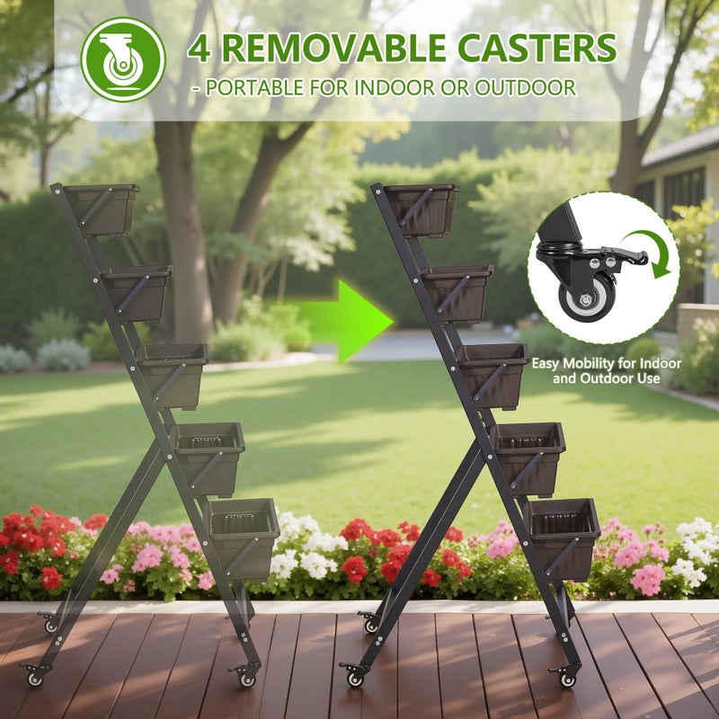 VECELO 5-Tier Vertical Garden Bed, Freestanding Elevated Raised Garden Planter with 5 Garden Planter Boxes, Lockable Caster Wheels, Drainage System, for Plants, Vegetables, Flowers, Herbs - Image 4